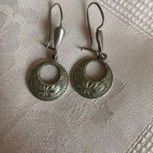 Silver Earings Stamped 925 Engraved Flower Circle Drop